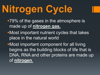 Nitrogen Cycle
79% of the gases in the atmosphere is
made up of nitrogen gas.
Most important nutrient cycles that takes
place in the natural world
Most important component for all living
begins as the building blocks of life that is
DNA, RNA and other proteins are made up
of nitrogen.
 