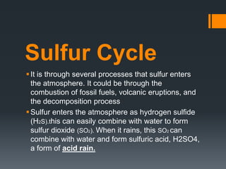 Sulfur Cycle
It is through several processes that sulfur enters
the atmosphere. It could be through the
combustion of fossil fuels, volcanic eruptions, and
the decomposition process
Sulfur enters the atmosphere as hydrogen sulfide
(H2S).this can easily combine with water to form
sulfur dioxide (SO2). When it rains, this SO2 can
combine with water and form sulfuric acid, H2SO4,
a form of acid rain.
 