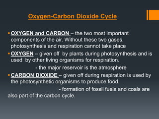 Oxygen-Carbon Dioxide Cycle
OXYGEN and CARBON – the two most important
components of the air. Without these two gases,
photosynthesis and respiration cannot take place
OXYGEN – given off by plants during photosynthesis and is
used by other living organisms for respiration.
- the major reservoir is the atmosphere
CARBON DIOXIDE – given off during respiration is used by
the photosynthetic organisms to produce food.
- formation of fossil fuels and coals are
also part of the carbon cycle.
 