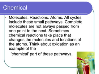 Chemical
• Molecules. Reactions. Atoms. All cycles
include these small pathways. Complete
molecules are not always passed from
one point to the next. Sometimes
chemical reactions take place that
changes the molecules and locations of
the atoms. Think about oxidation as an
example of the
'chemical' part of these pathways.
 