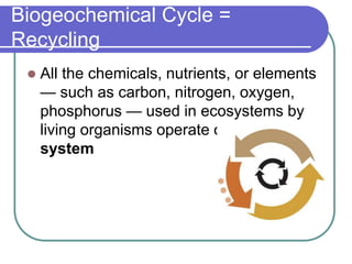 Biogeochemical Cycle =
Recycling
 All the chemicals, nutrients, or elements
— such as carbon, nitrogen, oxygen,
phosphorus — used in ecosystems by
living organisms operate on a closed
system
 