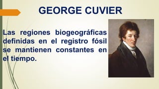 GEORGE CUVIER
Las regiones biogeográficas
definidas en el registro fósil
se mantienen constantes en
el tiempo.
 