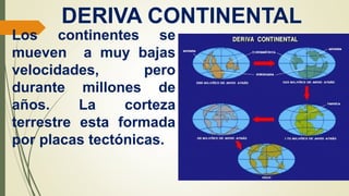 DERIVA CONTINENTAL
Los continentes se
mueven a muy bajas
velocidades, pero
durante millones de
años. La corteza
terrestre esta formada
por placas tectónicas.
 