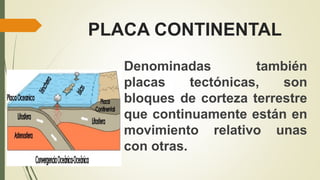 PLACA CONTINENTAL
Denominadas también
placas tectónicas, son
bloques de corteza terrestre
que continuamente están en
movimiento relativo unas
con otras.
 
