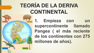 TEORÍA DE LA DERIVA
CONTINENTAL
1. Empieza con un
supercontinente llamado
Pangea ( el más reciente
de los continentes con 275
millones de años).
 