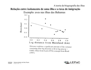 Relação entre isolamento de uma ilha e a taxa de imigração
A teoria da biogeografia das ilhas
Exemplo: aves nas ilhas das Bahamas
 