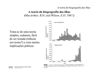 A teoria da biogeografia das ilhas
(MacArthur, R.H. and Wilson, E.O. 1967.)
A teoria da biogeografia das ilhas
Trata-se de uma teoria
simples, sedutora, fácil
de ser testada (robusta
aos testes?) e com muitas
implicações práticas.
 