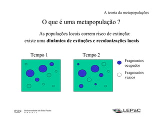 O que é uma metapopulação ?
As populações locais correm risco de extinção:
existe uma dinâmica de extinções e recolonizações locais
Tempo 1 Tempo 2
Fragmentos
ocupados
Fragmentos
vazios
A teoria da metapopulações
 