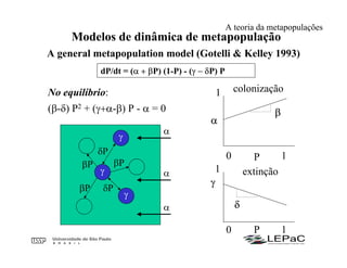Modelos de dinâmica de metapopulação
A general metapopulation model (Gotelli & Kelley 1993)
dP/dt = (α + βP) (1-P) - (γ − δP) P
α
0 1
1
β
γ
0 1
δ
1
No equilíbrio:
(β-δ) P2 + (γ+α-β) P - α = 0
βP
γ
colonização
extinção
α
α
α
δPβP
βP
P
P
γ
γ
δP
A teoria da metapopulações
 
