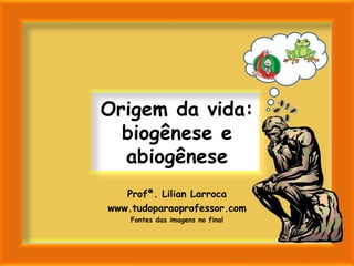 Origem da vida:
  biogênese e
  abiogênese
   Profª. Lilian Larroca
www.tudoparaoprofessor.com
    Fontes das imagens no final
 