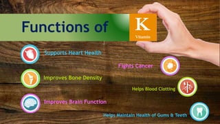 Functions of KVitamin
Supports Heart Health
Improves Bone Density
Improves Brain Function
Fights Cancer
Helps Maintain Health of Gums & Teeth
Helps Blood Clotting
 