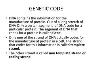 GENETIC CODE
• DNA contains the information for the
manufacture of protein. Out of a long stretch of
DNA Only a certain segment of DNA code for a
particular protein. The segment of DNA that
codes for a protein is called Gene.
• Only one of the strand of DNA actually codes for
the manufacture of protein in a cell. The strand
that codes for this information is called template
strand.
• The other strand is called non template strand or
coding strand.
 