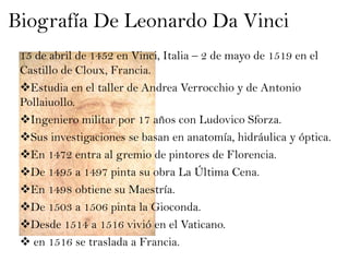 Biografía De Leonardo Da Vinci 15 de abril de 1452 en Vinci, Italia – 2 de mayo de 1519 en el Castillo de Cloux, Francia. ,[object Object]