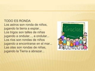 TODO ES RONDA
Los astros son ronda de niños,
jugando la tierra a espiar...
Los trigos son talles de niñas
jugando a ondular..., a ondular...
Los ríos son rondas de niños
jugando a encontrarse en el mar...
Las olas son rondas de niñas,
jugando la Tierra a abrazar...
 