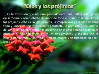 “Dios y los prójimos”Es la expresión que utilizará generalmente para definir a la Iglesia en sí misma y como objeto de amor de todo cristiano. “Siendo Dios y los prójimos, esto es, la Iglesia santa, la imagen viva y acabada de Dios trino y uno y el objeto esencial y accidental, o primario y secundario del amor del hombre viador, la presencia de la cosa amada por fe en él produce el amor perfecto entre los dos amantes; y los dos son el espejo donde mira Dios Trino y Uno su imagen y se complace en ella” MR 510.