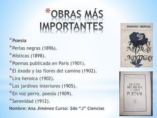 *
*Poesía
*Perlas negras (1896).
*Místicas (1898).
*Poemas publicada en París (1901).
*El éxodo y las flores del camino (1902).
*Lira heroica (1902).
*Los jardines interiores (1905).
*En voz perro, poesía (1909).
*Serenidad (1912).
Nombre: Ana Jiménez Curso: 2do “J” Ciencias
