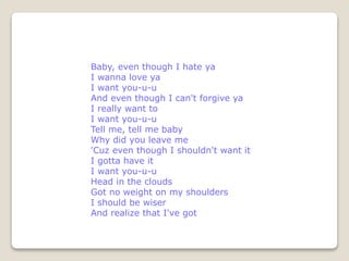 PROBLEM
Baby, even though I hate ya
I wanna love ya
I want you-u-u
And even though I can't forgive ya
I really want to
I want you-u-u
Tell me, tell me baby
Why did you leave me
'Cuz even though I shouldn't want it
I gotta have it
I want you-u-u
Head in the clouds
Got no weight on my shoulders
I should be wiser
And realize that I've got
 