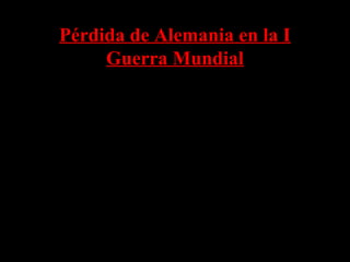 Pérdida de Alemania en la I
Guerra Mundial
• Hitler reaccionó mal al enterarse de la noticia de la
rendición alemana.
• Estaba horrorizado por el sentimiento anti-guerra entre los
civiles alemanes.
• Creía que había una conspiración contra la guerra que
involucró a los Judíos y los marxistas.
• Asimismo, consideró que los militares alemanes no
perdieron la guerra, pero que los políticos (en su mayoría
Judíos) en el país fueron los responsables de la derrota.
 