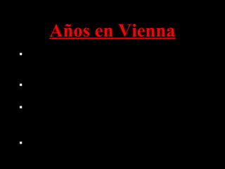 Años en Vienna
 Decidió trasladarse a Austria para seguir su sueño de
convertirse en un gran artista.
 Pero él no pudo ganar la entrada en la Academia
 Finalmente vendió todas sus posesiones y se convirtió en
un vagabundo sin hogar
 Adolf se las arregló para vender algunos cuadros y
postales, pero siguió siendo pobre.
 