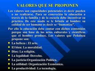 VALORES QUE SE PROPONEN
Los valores son capacidades potenciales es decir pueden
  o no realizarse. Para su concreción la educación a
  través de la familia y de la escuela debe incentivar su
  práctica. De este modo se le brinda al hombre su
  calidad de ser humano es decir se “humaniza”.
Por ello la educación debe contar con dichos contenidos
  porque son base de los actos culturales y científicos
  que el hombre produce. Los valores que Peñaloza
  propone son:
 La belleza : El arte.
 El bien: La moralidad.
 Dios: La religión.
 La legalidad: Derecho.
 La justicia:Organización Política.
 La utilidad: Organización Económica.
 La productividad: La tecnología.
 