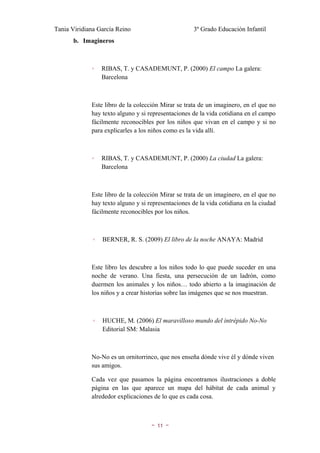 Tania Viridiana García Reino                        3º Grado Educación Infantil
       b. Imagineros



             ◦    RIBAS, T. y CASADEMUNT, P. (2000) El campo La galera:
                  Barcelona



             Este libro de la colección Mirar se trata de un imaginero, en el que no
             hay texto alguno y si representaciones de la vida cotidiana en el campo
             fácilmente reconocibles por los niños que vivan en el campo y si no
             para explicarles a los niños como es la vida allí.



             ◦    RIBAS, T. y CASADEMUNT, P. (2000) La ciudad La galera:
                  Barcelona



             Este libro de la colección Mirar se trata de un imaginero, en el que no
             hay texto alguno y si representaciones de la vida cotidiana en la ciudad
             fácilmente reconocibles por los niños.



              ◦   BERNER, R. S. (2009) El libro de la noche ANAYA: Madrid



             Este libro les descubre a los niños todo lo que puede suceder en una
             noche de verano. Una fiesta, una persecución de un ladrón, como
             duermen los animales y los niños… todo abierto a la imaginación de
             los niños y a crear historias sobre las imágenes que se nos muestran.



              ◦   HUCHE, M. (2006) El maravilloso mundo del intrépido No-No
                  Editorial SM: Malasia



             No-No es un ornitorrinco, que nos enseña dónde vive él y dónde viven
             sus amigos.

             Cada vez que pasamos la página encontramos ilustraciones a doble
             página en las que aparece un mapa del hábitat de cada animal y
             alrededor explicaciones de lo que es cada cosa.



                                    ~   11   ~
 
