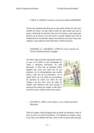 Tania Viridiana García Reino                         3º Grado Educación Infantil




              ◦   CARLE, E. (2004) El camaleón camaleónico Editorial KOKINOS



             Un día este camaleón descubre que no solo puede cambiar de color sino
             también de forma. Así que elige la parte de cada animal que mas le
             gusta e incluso de las personas, pero una vez termina, se da cuenta que
             prefiere ser el mismo. Con este cuento se puede trabajar muy bien la
             influencia de la sociedad por seguir unos patrones, pero que lo que más
             importa es que cada uno somos diferentes y todos necesarios.



              ◦   AHLBERG, A. y AHLBERG, J. (1996) El cartero simpático de
                  bolsillo Ediciones Destino: Singapur



             Este libro sigue una línea argumental sencilla,
             ya que es el cartero el que entregando las
             cartas a diferentes personales. En cada
             personaje, el libro trae un apartado (sobre
             pegado) que tiene una carta, por lo que
             podemos ver la correspondencia que reciben
             todos y cada uno de los personajes. Se le
             puede iniciar así a los niños en una dinámica
             de escritura de cartas con niños de otro
             colegio o de otra clase. (Con los niños de
             infantil sería laboriosa esta tarea porque la
             profesora les tendría que ayudar a cada niño a
             escribir la carta y además serían muy cortas)




              ◦   COUSINS, L. (2003) ¡Vamos Maisy, vamos! Ediciones Serres:
                  Barcelona



             Libro de solapas, cada dos páginas hay un medio de transporte, como el
             tren, el avión, un coche de bomberos. Y levantando las solapas vemos
             lo que hay en el maletero del tren, como se abre la puerta para que baje


                                    ~   15   ~
 