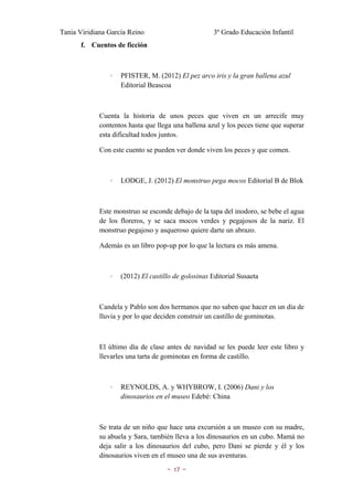 Tania Viridiana García Reino                         3º Grado Educación Infantil
       f. Cuentos de ficción



                ◦   PFISTER, M. (2012) El pez arco iris y la gran ballena azul
                    Editorial Beascoa



             Cuenta la historia de unos peces que viven en un arrecife muy
             contentos hasta que llega una ballena azul y los peces tiene que superar
             esta dificultad todos juntos.

             Con este cuento se pueden ver donde viven los peces y que comen.



                ◦   LODGE, J. (2012) El monstruo pega mocos Editorial B de Blok



             Este monstruo se esconde debajo de la tapa del inodoro, se bebe el agua
             de los floreros, y se saca mocos verdes y pegajosos de la nariz. El
             monstruo pegajoso y asqueroso quiere darte un abrazo.

             Además es un libro pop-up por lo que la lectura es más amena.



                ◦   (2012) El castillo de golosinas Editorial Susaeta



             Candela y Pablo son dos hermanos que no saben que hacer en un día de
             lluvia y por lo que deciden construir un castillo de gominotas.



             El último día de clase antes de navidad se les puede leer este libro y
             llevarles una tarta de gominotas en forma de castillo.



                ◦   REYNOLDS, A. y WHYBROW, I. (2006) Dani y los
                    dinosaurios en el museo Edebé: China



             Se trata de un niño que hace una excursión a un museo con su madre,
             su abuela y Sara, también lleva a los dinosaurios en un cubo. Mamá no
             deja salir a los dinosaurios del cubo, pero Dani se pierde y él y los
             dinosaurios viven en el museo una de sus aventuras.
                                    ~   17   ~
 