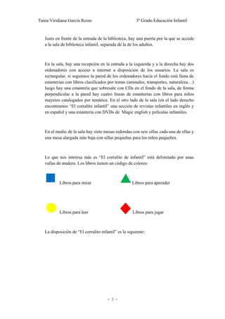 Tania Viridiana García Reino                            3º Grado Educación Infantil


   Justo en frente de la entrada de la biblioteca, hay una puerta por la que se accede
   a la sala de biblioteca infantil, separada de la de los adultos.



   En la sala, hay una recepción en la entrada a la izquierda y a la derecha hay dos
   ordenadores con acceso a internet a disposición de los usuarios. La sala es
   rectangular, si seguimos la pared de los ordenadores hacia el fondo está llena de
   estanterías con libros clasificados por temas (animales, transportes, naturaleza…)
   luego hay una estantería que sobresale con CDs en el fondo de la sala, de forma
   perpendicular a la pared hay cuatro líneas de estanterías con libros para niños
   mayores catalogados por temática. En el otro lado de la sala (en el lado derecho
   encontramos “El corralito infantil” una sección de revistas infantiles en inglés y
   en español y una estantería con DVDs de Magic english y películas infantiles.



   En el medio de la sala hay siete mesas redondas con seis sillas cada una de ellas y
   una mesa alargada más baja con sillas pequeñas para los niños pequeños.



   Lo que nos interesa más es “El corralito de infantil” está delimitado por unas
   vallas de madera. Los libros tienen un código de colores:



           Libros para mirar                         Libros para aprender




           Libros para leer                          Libros para jugar



   La disposición de “El corralito infantil” es la siguiente:




                                       ~7~
 