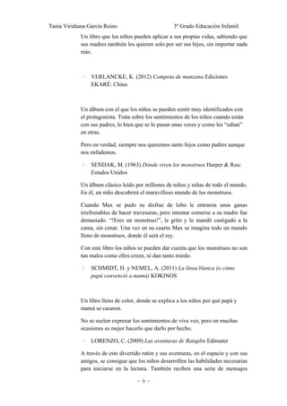 Tania Viridiana García Reino                         3º Grado Educación Infantil
             Un libro que los niños pueden aplicar a sus propias vidas, sabiendo que
             sus madres también los quieren solo por ser sus hijos, sin importar nada
             más.



             ◦   VERLANCKE, K. (2012) Compota de manzana Ediciones
                 EKARÉ: China



             Un álbum con el que los niños se pueden sentir muy identificados con
             el protagonista. Trata sobre los sentimientos de los niños cuando están
             con sus padres, lo bien que se lo pasan unas veces y como les “odian”
             en otras.

             Pero en verdad, siempre nos queremos tanto hijos como padres aunque
             nos enfademos.

             ◦   SENDAK, M. (1963) Dónde viven los monstruos Harper & Rou:
                 Estados Unidos

             Un álbum clásico leído por millones de niños y niñas de todo el mundo.
             En él, un niño descubrirá el maravilloso mundo de los monstruos.

             Cuando Max se pudo su disfraz de lobo le entraron unas ganas
             irrefrenables de hacer travesuras, pero intentar comerse a su madre fue
             demasiado. “!Eres un monstruo!”, le grito y lo mandó castigado a la
             cama, sin cenar. Una vez en su cuarto Max se imagina todo un mundo
             lleno de monstruos, donde él será el rey.

             Con este libro los niños se pueden dar cuenta que los monstruos no son
             tan malos como ellos creen, ni dan tanto miedo.

             ◦   SCHMIDT, H. y NEMEL, A. (2011) La línea blanca (o cómo
                 papá convenció a mamá) KOKINOS



             Un libro lleno de color, donde se explica a los niños por qué papá y
             mamá se casaron.

             No se suelen expresar los sentimientos de viva voz, pero en muchas
             ocasiones es mejor hacerlo que darlo por hecho.

             ◦   LORENZO, C. (2009) Las aventuras de Rataplin Edimater

             A través de este divertido ratón y sus aventuras, en el espacio y con sus
             amigos, se consigue que los niños desarrollen las habilidades necesarias
             para iniciarse en la lectura. También reciben una serie de mensajes

                                     ~9~
 