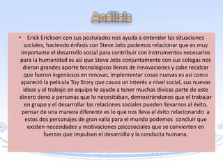 • Erick Erickson con sus postulados nos ayuda a entender las situaciones
sociales, haciendo énfasis con Steve Jobs podemos relacionar que es muy
importante el desarrollo social para contribuir con instrumentos necesarios
para la humanidad es así que Steve Jobs conjuntamente con sus colegas nos
dieron grandes aporte tecnológicos llenos de innovaciones y cabe recalcar
que fueron ingeniosos en renovar, implementar cosas nuevas es así como
apareció la película Toy Story que causo un interés a nivel social, sus nuevas
ideas y el trabajo en equipo le ayudo a tener muchas divisas parte de este
dinero dono a personas que lo necesitaban, demostrándonos que el trabajar
en grupo y el desarrollar las relaciones sociales pueden llevarnos al éxito,
pensar de una manera diferente es lo que nos lleva al éxito relacionando a
estos dos personajes de gran valía para el mundo podemos concluir que
existen necesidades y motivaciones psicosociales que se convierten en
fuerzas que impulsan el desarrollo y la conducta humana.
 