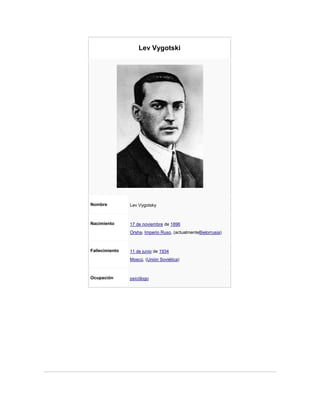 Lev Vygotski
Nombre Lev Vygotsky
Nacimiento 17 de noviembre de 1896
Orsha, Imperio Ruso, (actualmenteBielorrusia)
Fallecimiento 11 de junio de 1934
Moscú, (Unión Soviética)
Ocupación psicólogo
 