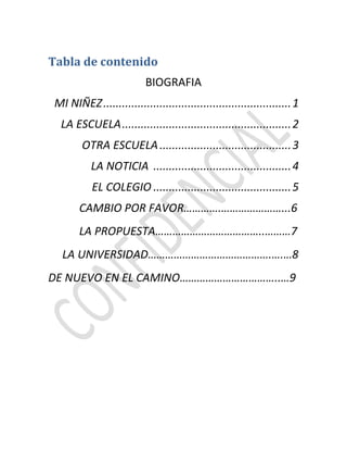 Tabla de contenido
BIOGRAFIA
MI NIÑEZ............................................................1
LA ESCUELA......................................................2
OTRA ESCUELA..........................................3
LA NOTICIA ............................................4
EL COLEGIO ............................................5
CAMBIO POR FAVOR………….…………………...6
LA PROPUESTA………………………………..………7
LA UNIVERSIDAD…………………………………….….…8
DE NUEVO EN EL CAMINO……………………………..…9
 