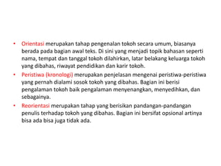 • Orientasi merupakan tahap pengenalan tokoh secara umum, biasanya
berada pada bagian awal teks. Di sini yang menjadi topik bahasan seperti
nama, tempat dan tanggal tokoh dilahirkan, latar belakang keluarga tokoh
yang dibahas, riwayat pendidikan dan karir tokoh.
• Peristiwa (kronologi) merupakan penjelasan mengenai peristiwa-peristiwa
yang pernah dialami sosok tokoh yang dibahas. Bagian ini berisi
pengalaman tokoh baik pengalaman menyenangkan, menyedihkan, dan
sebagainya.
• Reorientasi merupakan tahap yang berisikan pandangan-pandangan
penulis terhadap tokoh yang dibahas. Bagian ini bersifat opsional artinya
bisa ada bisa juga tidak ada.
 