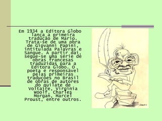 Em 1934 a Editora Globo lança a primeira tradução de Mario. Trata-se de uma obra de Giovanni Papini, intitulada Palavras e Sangue. A partir daí, segue-se uma série de obras francesas traduzidas para a Editora Globo. O poeta é responsável pelas primeiras traduções no Brasil de obras de autores do quilate de Voltaire, Virginia Woolf, Charles Morgan, Marcel Proust, entre outros.  