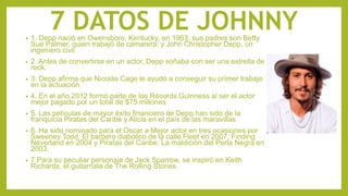 7 DATOS DE JOHNNY• 1. Depp nació en Owensboro, Kentucky, en 1963, sus padres son Betty
Sue Palmer, quien trabajó de camarera; y John Christopher Depp, un
ingeniero civil
• 2. Antes de convertirse en un actor, Depp soñaba con ser una estrella de
rock.
• 3. Depp afirma que Nicolás Cage le ayudó a conseguir su primer trabajo
en la actuación
• 4. En el año 2012 formó parte de los Récords Guinness al ser el actor
mejor pagado por un total de $75 millones
• 5. Las películas de mayor éxito financiero de Depp han sido de la
franquicia Piratas del Caribe y Alicia en el país de las maravillas
• 6. Ha sido nominado para el Oscar a Mejor actor en tres ocasiones por
Sweeney Todd: El barbero diabólico de la calle Fleet en 2007, Finding
Neverland en 2004 y Piratas del Caribe: La maldición del Perla Negra en
2003.
• 7.Para su peculiar personaje de Jack Sparrow, se inspiró en Keith
Richards, el guitarrista de The Rolling Stones.
 