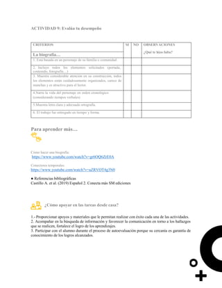 ACTIVIDAD 9: Evalúa tu desempeño
CRITERIOS SI NO OBSERVACIONES
¿Qué te hizo falta?
La biografía…
1. Está basada en un personaje de su familia o comunidad.
2. Incluye todos los elementos solicitados (portada,
contenido, fotografía…)
3. Muestra considerable atención en su construcción, todos
los elementos están cuidadosamente organizados, carece de
manchas y es atractivo para el lector.
4.Narra la vida del personaje en orden cronológico
(considerando tiempos verbales)
5.Muestra letra clara y adecuada ortografía.
6. El trabajo fue entregado en tiempo y forma.
Para aprender más…
Cómo hacer una biografía:
https://www.youtube.com/watch?v=gr6OQ6ZrE0A
Conectores temporales:
https://www.youtube.com/watch?v=aZRVOT4g3N0
● Referencias bibliográficas
Castillo A. et al. (2019) Español 2. Conecta más SM ediciones
¿Cómo apoyar en las tareas desde casa?
1.- Proporcionar apoyos y materiales que le permitan realizar con éxito cada una de las actividades.
2. Acompañar en la búsqueda de información y favorecer la comunicación en torno a los hallazgos
que se realicen, fortalece el logro de los aprendizajes.
3. Participar con el alumno durante el proceso de autoevaluación porque su cercanía es garantía de
conocimiento de los logros alcanzados.
 