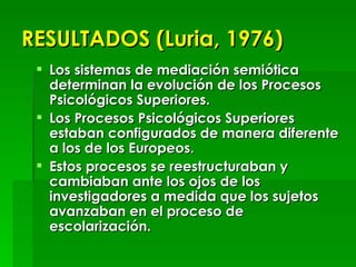 RESULTADOS (Luria, 1976) <ul><li>Los sistemas de mediación semiótica determinan la evolución de los Procesos Psicológicos ...