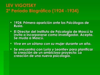 LEV VIGOTSKY 2º Período Biográfico (1924 -1934) <ul><li>1924: Primera aparición ante los Psicólogos de Rusia.  </li></ul><...