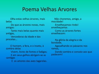 Poema Velhas Arvores
Olha estas velhas árvores, mais
belas
Do que as árvores novas, mais
amigas:
Tanto mais belas quanto mais
antigas,
Vencedoras da idade e das
procelas...
O homem, a fera, e o inseto, à
sombra delas
Vivem, livres de fomes e fadigas;
E em seus galhos abrigam-se as
cantigas
E os amores das aves tagarelas.
Não choremos, amigo, a
mocidade!
Envelheçamos rindo!
envelheçamos
Como as árvores fortes
envelhecem:
Na glória da alegria e da
bondade,
Agasalhando os pássaros nos
ramos,
Dando sombra e consolo aos que
padecem!
 