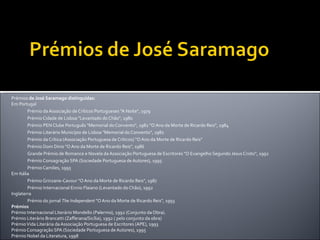 Prémios  de José Saramago distinguidas:   Em Portugal  Prémio da Associação de Críticos Portugueses "A Noite", 1979  Prémio Cidade de Lisboa "Levantado do Chão", 1980  Prémio PEN Clube Português "Memorial do Convento", 1982 "O Ano da Morte de Ricardo Reis", 1984  Prémio Literário Município de Lisboa "Memorial do Convento", 1982  Prémio da Crítica (Associação Portuguesa de Críticos) "O Ano da Morte de Ricardo Reis"  Prémio Dom Dinis "O Ano da Morte de Ricardo Reis", 1986  Grande Prémio de Romance e Novela da Associação Portuguesa de Escritores "O Evangelho Segundo Jesus Cristo", 1992  Prémio Consagração SPA (Sociedade Portuguesa de Autores), 1995  Prémio Camões, 1995  Em Itália  Prémio Grinzane-Cavour "O Ano da Morte de Ricardo Reis", 1987  Prémio Internacional Ennio Flaiano (Levantado do Chão), 1992  Inglaterra  Prémio do jornal  The Independent  "O Ano da Morte de Ricardo Reis", 1993  Prémios   Prémio Internacional Literário Mondello (Palermo), 1992 (Conjunto da Obra).  Prémio Literário Brancatti (Zafferana/Sicília), 1992 ( pelo conjunto da obra)  Prémio Vida Literária da Associação Portuguesa de Escritores (APE), 1993  Prémio Consagração SPA (Sociedade Portuguesa de Autores), 1995  Prémio Nobel da Literatura, 1998  