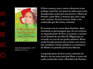 O livro começa com o autor a descrever num
                                      prólogo como lhe veio parar às mãos uma carta
O B R A S
                                      desesperada escrita por uma jovem, a Marta de
                                      Prazins a José Dias, o homem que ama e que
                                      está a morrer. O autor recorre então a um
                                      conhecido que lhe relata a história.

                                      O romance em si, conta duas histórias. Após
                                      introduzir as personagens que vão ser centrais
                                      na segunda parte do livro, este passa a centrar-
                                      se na história de um falso D. Miguel que se
                                      esconde na casa de um padre minhoto. Deste
                                      modo Camilo procura dar ao leitor um retrato
                                      das condições sociais, políticas e económicas
            Ano de Lançamento: 1882   do Minho no período pós-Lutas liberais.
            Género: Romance

                                      A segunda parte do livro conta a história de
                                      Marta e do seu amor por José Dias, e como ela
                                      acaba conhecida como a Brasileira de Prazins.
 