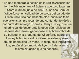 • En una memorable sesión de la British Association
for the Advancement of Science que tuvo lugar en
Oxford el 30 de junio de 1860, el obispo Samuel
Wilberforce, en calidad de portavoz del partido de
Owen, ridiculizó con brillante elocuencia las tesis
evolucionistas, provocando una contundente réplica
por parte del zoólogo Thomas Henry Huxley, que fue
el principal defensor ante la oposición religiosa de
las tesis de Darwin, ganándose el sobrenombre de
su bulldog. A la pregunta de Wilberforce sobre si a
Huxley le hubiera sido indiferente saber que su
abuelo había sido un mono, la respuesta inmediata
fue, según el testimonio de Lyell: «Estaría en la
misma situación que su señoría». 17
 