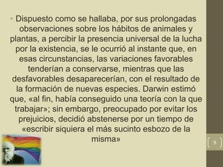 • Dispuesto como se hallaba, por sus prolongadas
observaciones sobre los hábitos de animales y
plantas, a percibir la presencia universal de la lucha
por la existencia, se le ocurrió al instante que, en
esas circunstancias, las variaciones favorables
tenderían a conservarse, mientras que las
desfavorables desaparecerían, con el resultado de
la formación de nuevas especies. Darwin estimó
que, «al fin, había conseguido una teoría con la que
trabajar»; sin embargo, preocupado por evitar los
prejuicios, decidió abstenerse por un tiempo de
«escribir siquiera el más sucinto esbozo de la
misma» 9
 