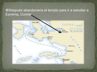 Después abandonaría el templo para ir a estudiar a Esmirna, Corinto. En estos primeros años toma contacto con la obra del célebre médico Hipócrates de Cos, que sería su principal referente a lo largo de su carrera.Galeno terminaría su carrera en Alejandría, Egipto,  principal centro cultural del Mediterráneo. Es en Egipto donde  aprende la importancia de los estudios anatómicos y fisiológicos para la medicina; diseccionaría cadáveres y entraría en contacto con la obra de importantes anatomistas como Herófilo y Erasístrato. 