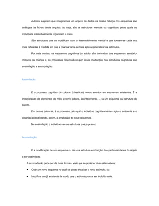 Autores sugerem que imaginemos um arquivo de dados na nossa cabeça. Os esquemas são

análogos às fichas deste arquivo, ou seja, são as estruturas mentais ou cognitivas pelas quais os

indivíduos intelectualmente organizam o meio.

           São estruturas que se modificam com o desenvolvimento mental e que tornam-se cada vez

mais refinadas à medida em que a criança torna-se mais apta a generalizar os estímulos.

           Por este motivo, os esquemas cognitivos do adulto são derivados dos esquemas sensório-

motores da criança e, os processos responsáveis por esses mudanças nas estruturas cognitivas são

assimilação e acomodação.




Assimilação:




           É o processo cognitivo de colocar (classificar) novos eventos em esquemas existentes. É a

incorporação de elementos do meio externo (objeto, acontecimento, ...) a um esquema ou estrutura do

sujeito.

           Em outras palavras, é o processo pelo qual o indivíduo cognitivamente capta o ambiente e o

organiza possibilitando, assim, a ampliação de seus esquemas.

           Na assimilação o indivíduo usa as estruturas que já possui.




Acomodação:




           É a modificação de um esquema ou de uma estrutura em função das particularidades do objeto

a ser assimilado.

    A acomodação pode ser de duas formas, visto que se pode ter duas alternativas:

    •      Criar um novo esquema no qual se possa encaixar o novo estímulo, ou

    •      Modificar um já existente de modo que o estímulo possa ser incluído nele.
 