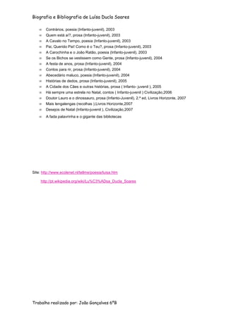 Biografia e Bibliografia de Luísa Ducla Soares

        Contrários, poesia (Infanto-juvenil), 2003
        Quem está aí?, prosa (Infanto-juvenil), 2003
        A Cavalo no Tempo, poesia (Infanto-juvenil), 2003
        Pai, Querido Pai! Como é o Teu?, prosa (Infanto-juvenil), 2003
        A Carochinha e o João Ratão, poesia (Infanto-juvenil), 2003
        Se os Bichos se vestissem como Gente, prosa (Infanto-juvenil), 2004
        A festa de anos, prosa (Infanto-juvenil), 2004
        Contos para rir, prosa (Infanto-juvenil), 2004
        Abecedário maluco, poesia (Infanto-juvenil), 2004
        Histórias de dedos, prosa (Infanto-juvenil), 2005
        A Cidade dos Cães e outras histórias, prosa ( Infanto- juvenil ), 2005
        Há sempre uma estrela no Natal, contos ( Infanto-juvenil ) Civilização,2006
        Doutor Lauro e o dinossauro, prosa (Infanto-Juvenil), 2.ª ed, Livros Horizonte, 2007
        Mais lengalengas (recolhas ),Livros Horizonte,2007
        Desejos de Natal (Infanto-juvenil ), Civilização,2007
        A fada palavrinha e o gigante das bibliotecas




Site: http://www.ecolenet.nl/tellme/poesia/luisa.htm

     http://pt.wikipedia.org/wiki/Lu%C3%ADsa_Ducla_Soares




Trabalho realizado por: João Gonçalves 6ºB
 