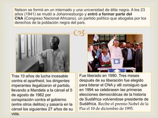 Nelson se formó en un internado y una universidad de élite negra. A los 23
años (1941) se mudó a Johannesburgo y entró a formar parte del
CNA (Congreso Nacional Africano), un partido político que abogaba por los
derechos de la población negra del país.



Tras 10 años de lucha incesable
contra el apartheid, los dirigentes
imperantes ilegalizaron el partido,
llevando a Mandela a la cárcel el 5
de agosto de 1962 por
conspiración contra el gobierno
(entre otros delitos) y pasaría en la
cárcel los siguientes 27 años de su
vida.

Fue liberado en 1990. Tres meses
después de su liberación fue elegido
para liderar el CNA y alli consiguio que
en 1994 se celebrasen las primeras
elecciones democráticas de la historia
de Sudáfrica volviendose presidente de
Sudáfrica. Recibe el premio Nobel de la
Paz el 10 de diciembre de 1993.

 