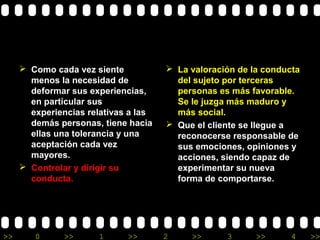 >> 0 >> 1 >> 2 >> 3 >> 4 >>
 Como cada vez siente
menos la necesidad de
deformar sus experiencias,
en particular sus
experiencias relativas a las
demás personas, tiene hacia
ellas una tolerancia y una
aceptación cada vez
mayores.
 Controlar y dirigir su
conducta.
 La valoración de la conducta
del sujeto por terceras
personas es más favorable.
Se le juzga más maduro y
más social.
 Que el cliente se llegue a
reconocerse responsable de
sus emociones, opiniones y
acciones, siendo capaz de
experimentar su nueva
forma de comportarse.
 