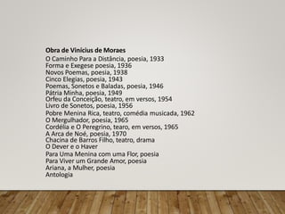 Obra de Vinícius de Moraes
O Caminho Para a Distância, poesia, 1933
Forma e Exegese poesia, 1936
Novos Poemas, poesia, 1938
Cinco Elegias, poesia, 1943
Poemas, Sonetos e Baladas, poesia, 1946
Pátria Minha, poesia, 1949
Orfeu da Conceição, teatro, em versos, 1954
Livro de Sonetos, poesia, 1956
Pobre Menina Rica, teatro, comédia musicada, 1962
O Mergulhador, poesia, 1965
Cordélia e O Peregrino, tearo, em versos, 1965
A Arca de Noé, poesia, 1970
Chacina de Barros Filho, teatro, drama
O Dever e o Haver
Para Uma Menina com uma Flor, poesia
Para Viver um Grande Amor, poesia
Ariana, a Mulher, poesia
Antologia
 