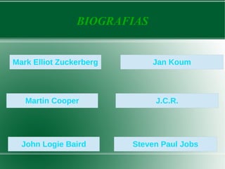 BIOGRAFIAS
Mark Elliot Zuckerberg Jan Koum
Martin Cooper J.C.R.
John Logie Baird Steven Paul Jobs
 